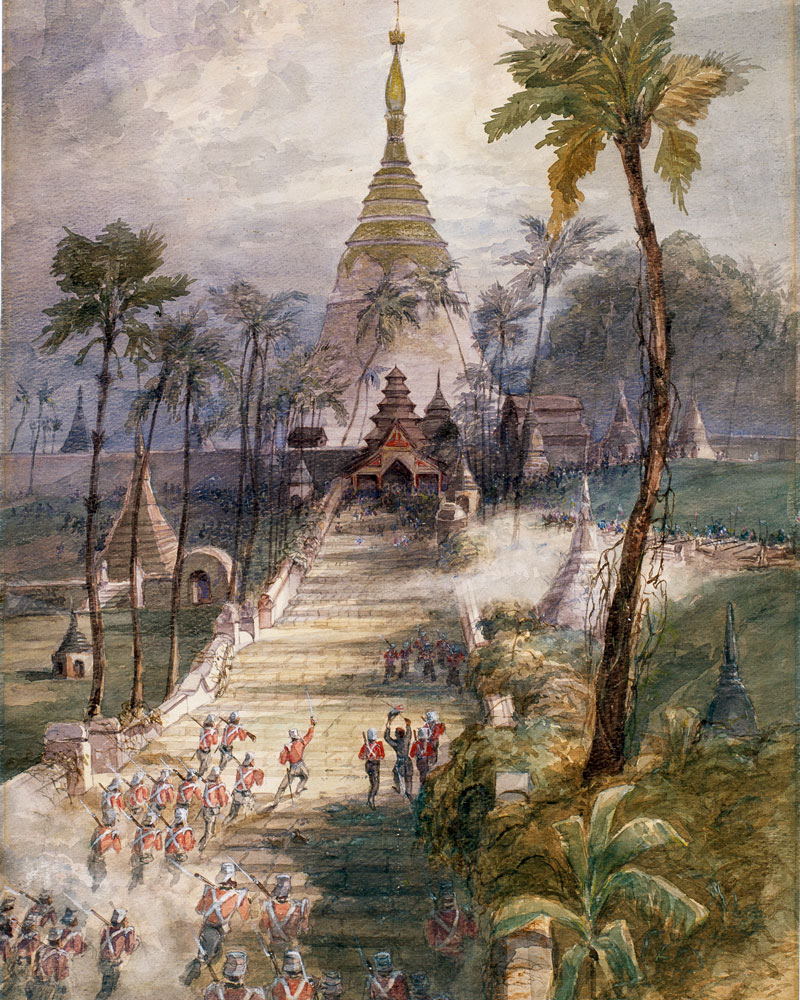 The 18th and 80th Regiments storming the Shwedagon Pagoda, Rangoon, 1852