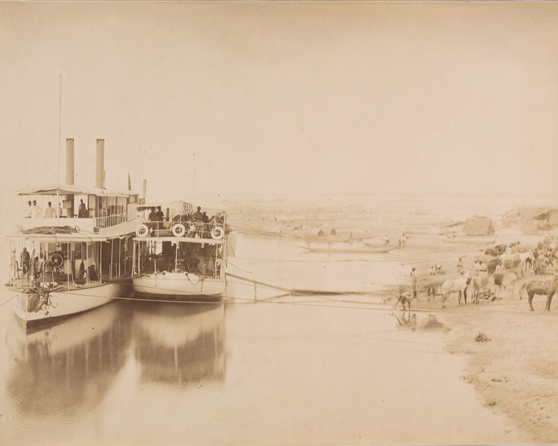 Disembarkation of 2nd Mountain Battery, Royal Artillery, from the river steamer 'Patrick', c1885