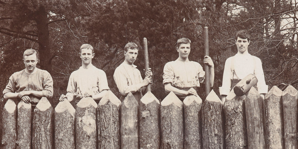 Cadets constructing a wooden palisade at the Royal Military College Sandhurst, c1905