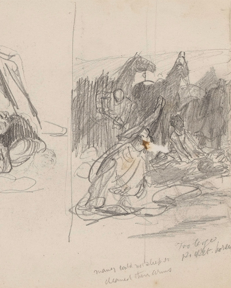 A sketch of soldiers cleaning their weapons