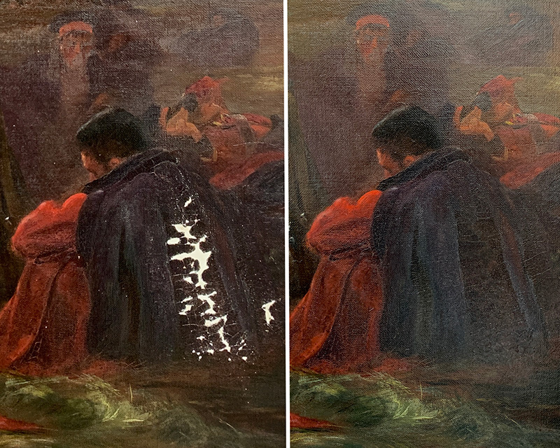 Detail showing a seated soldier's cloak before and after retouching