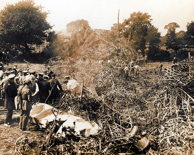 A downed Zeppelin still smouldering, 1916