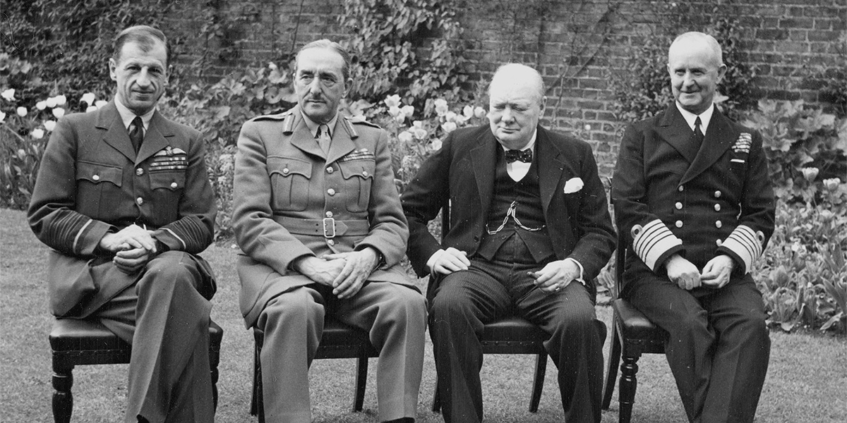 Winston Churchill with the Chiefs of Staff in the garden of 10 Downing Street, 7 May 1945