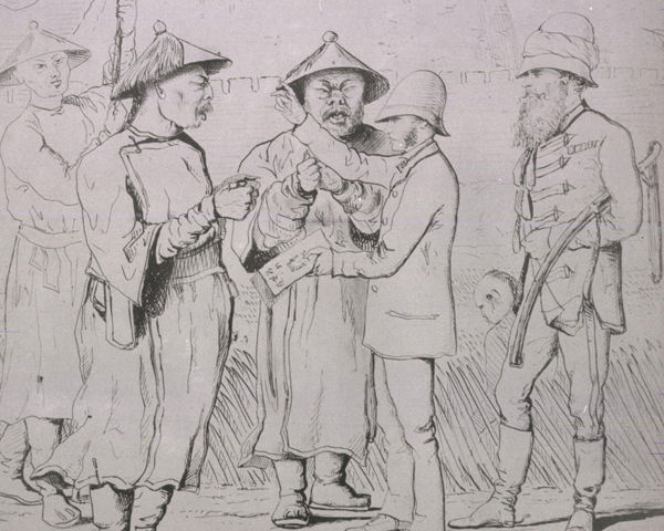 A caricature of Harry Parkes in discussion with Chinese representatives, 1860