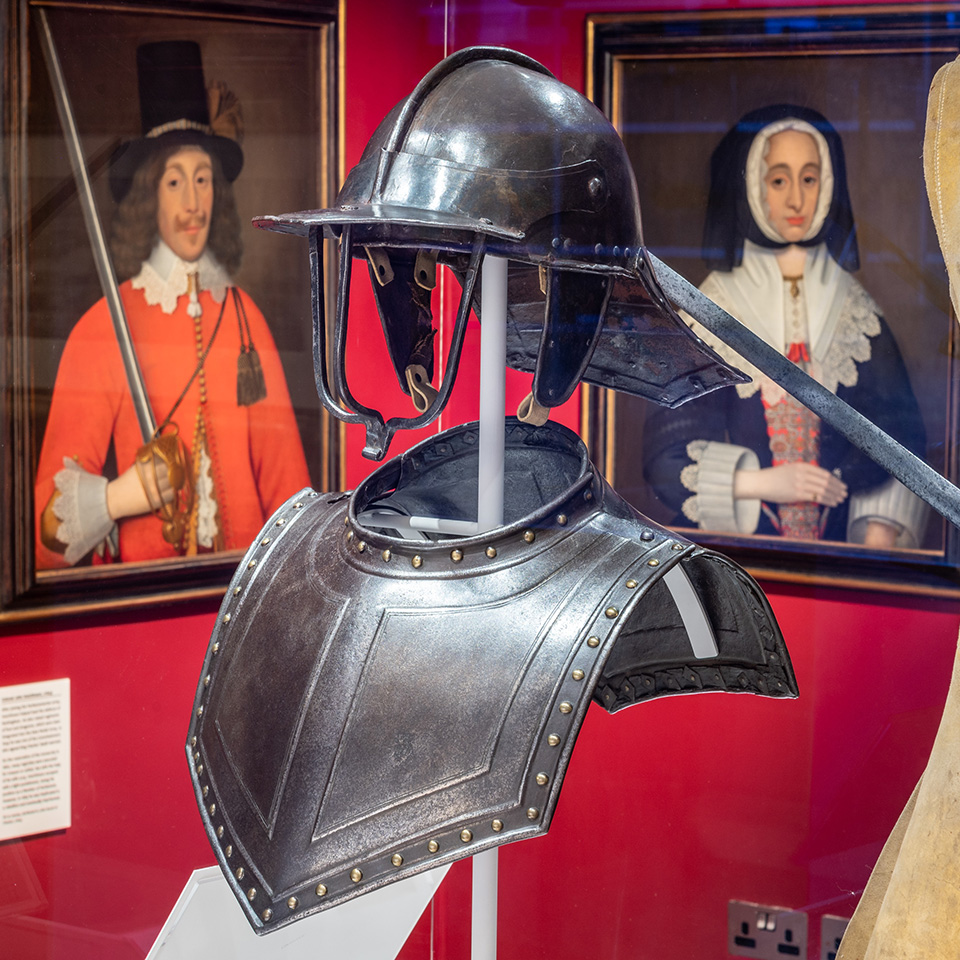 Civil War pot helmet and gorget, c1640