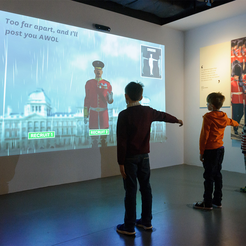 Children being put through their paces by the virtual drill sergeant in the Soldier gallery