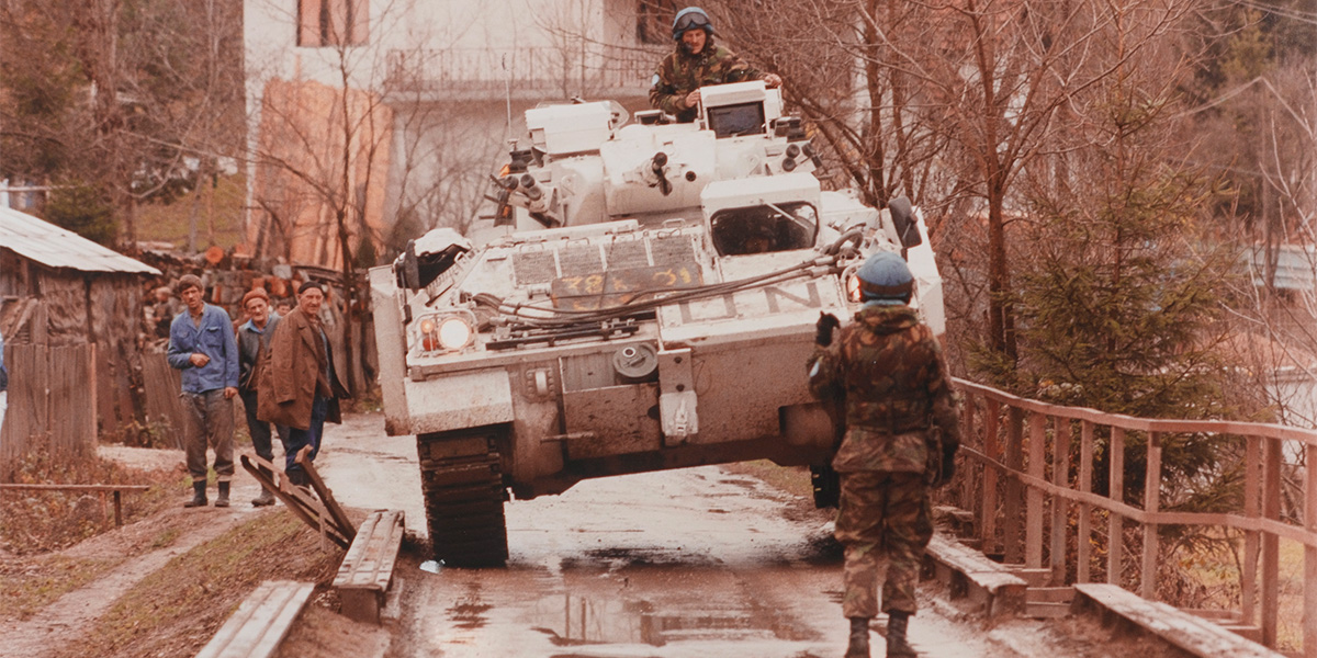 Warrior Infantry Fighting Vehicle crossing a bridge, Bosnia, c1993