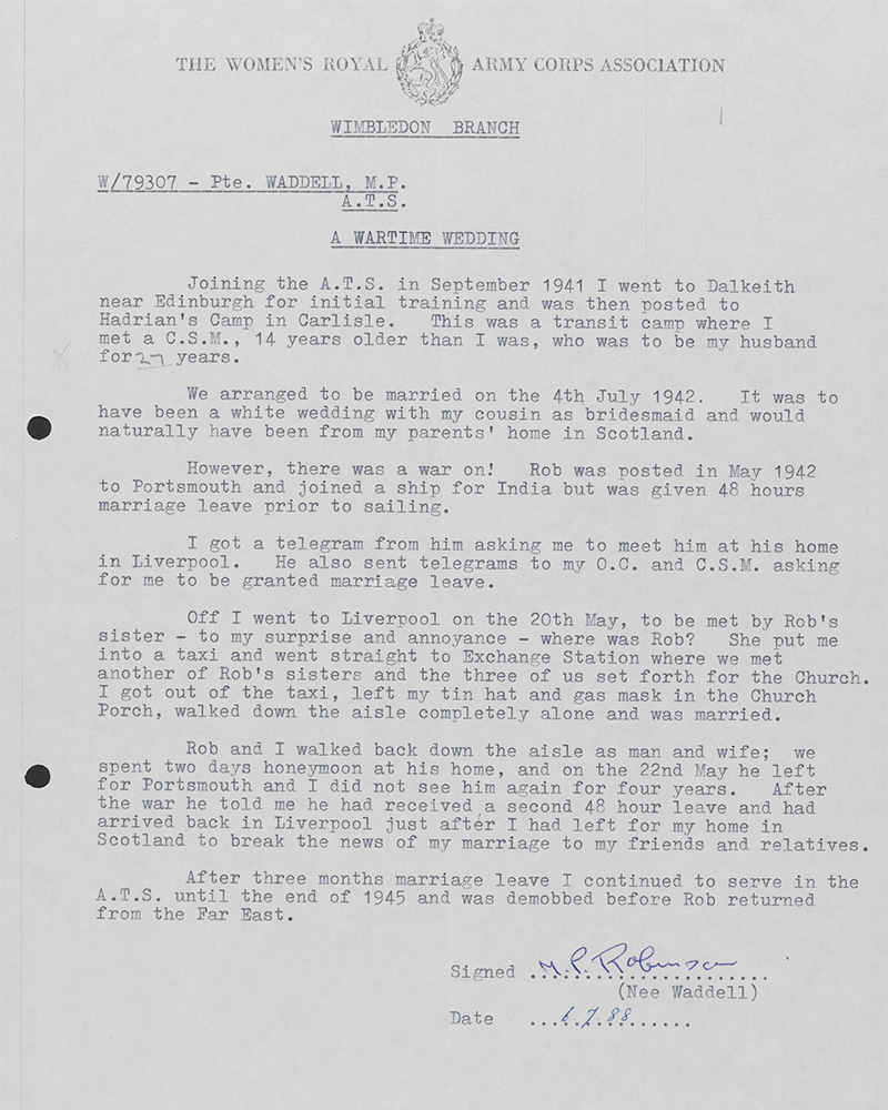 Margaret Waddell’s account of her hasty marriage to Rob, written in 1988