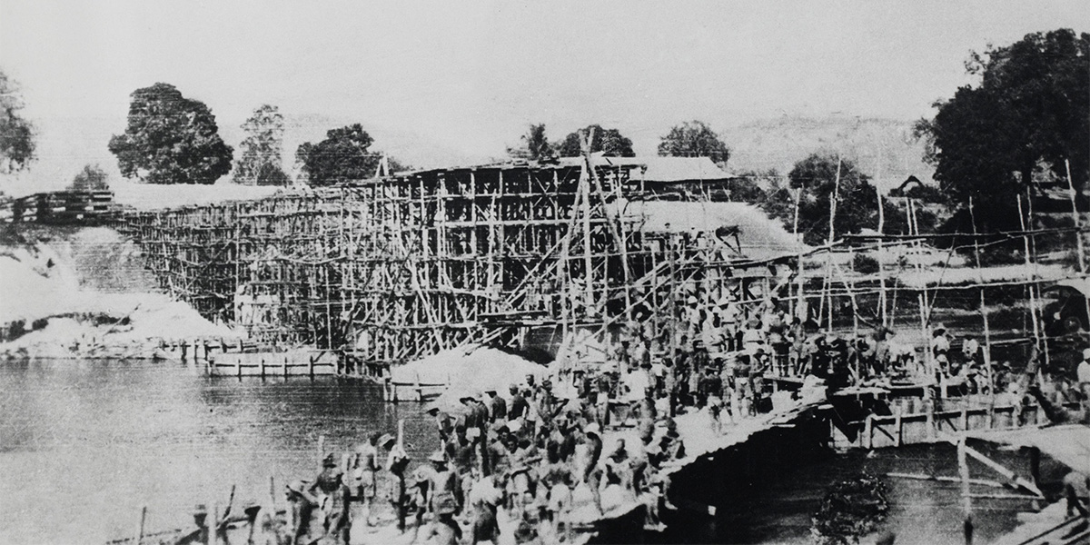 Building a bridge on the River Kwai, Thailand, c1943