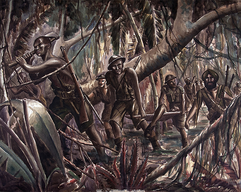 ‘Sikhs and Garwolies [sic] of the 11th Indian Division cutting their way of retreat through the jungle’, c1941