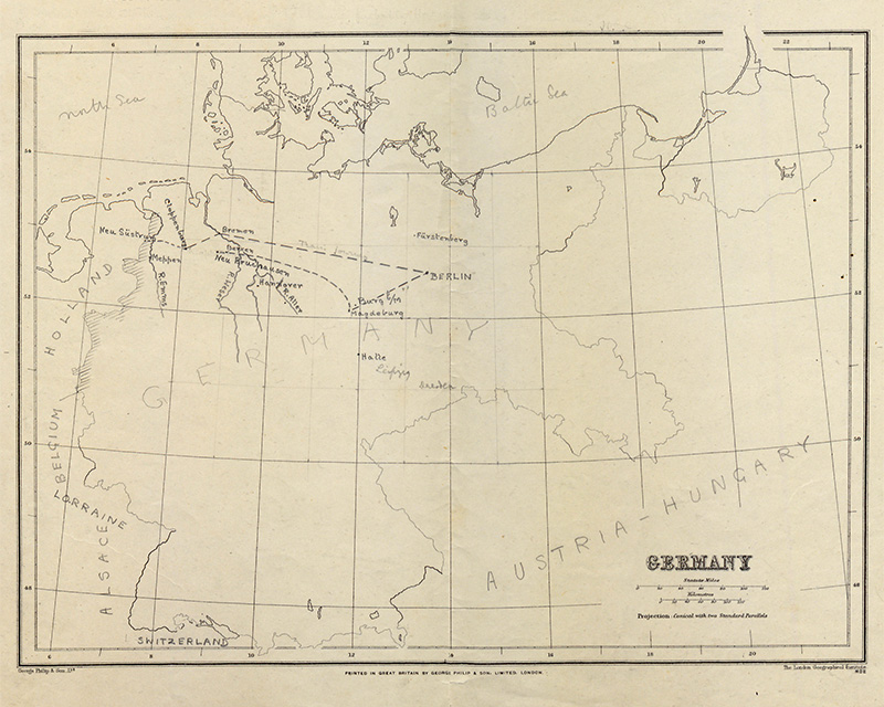 Map showing the routes taken during two of Harrison’s escape attempts, 1917
