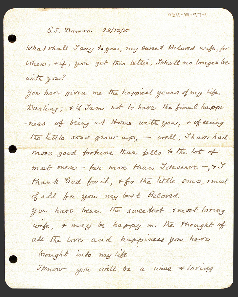 Letter from Major General Sir Arthur W Money to his wife, to be delivered in the event of his death, 23 December 1915