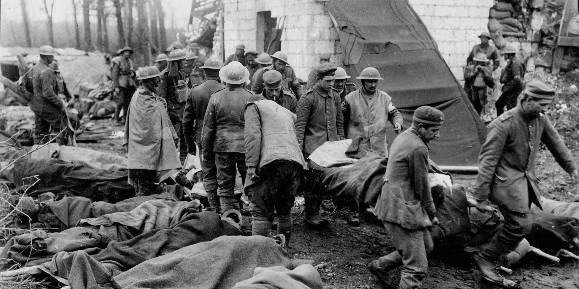 Outside an advanced dressing station at Tilloy-les-Mofflaines, Western Front, April 1917