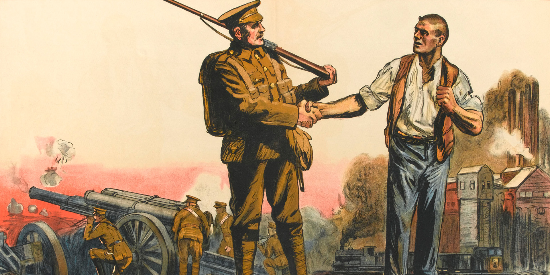 Part of a First World War propaganda poster showing a soldier and a munitions worker 