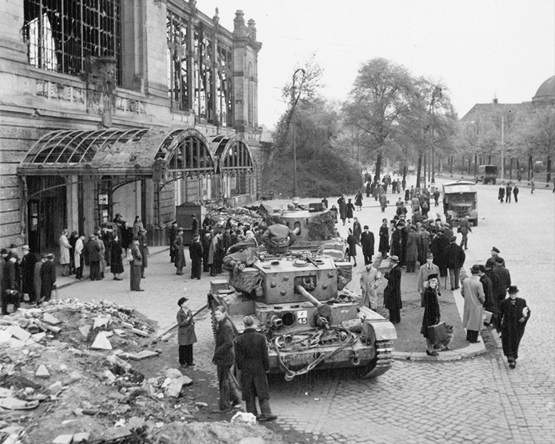 German civilians gather around British tanks in occupied Hamburg, 5 May 1945