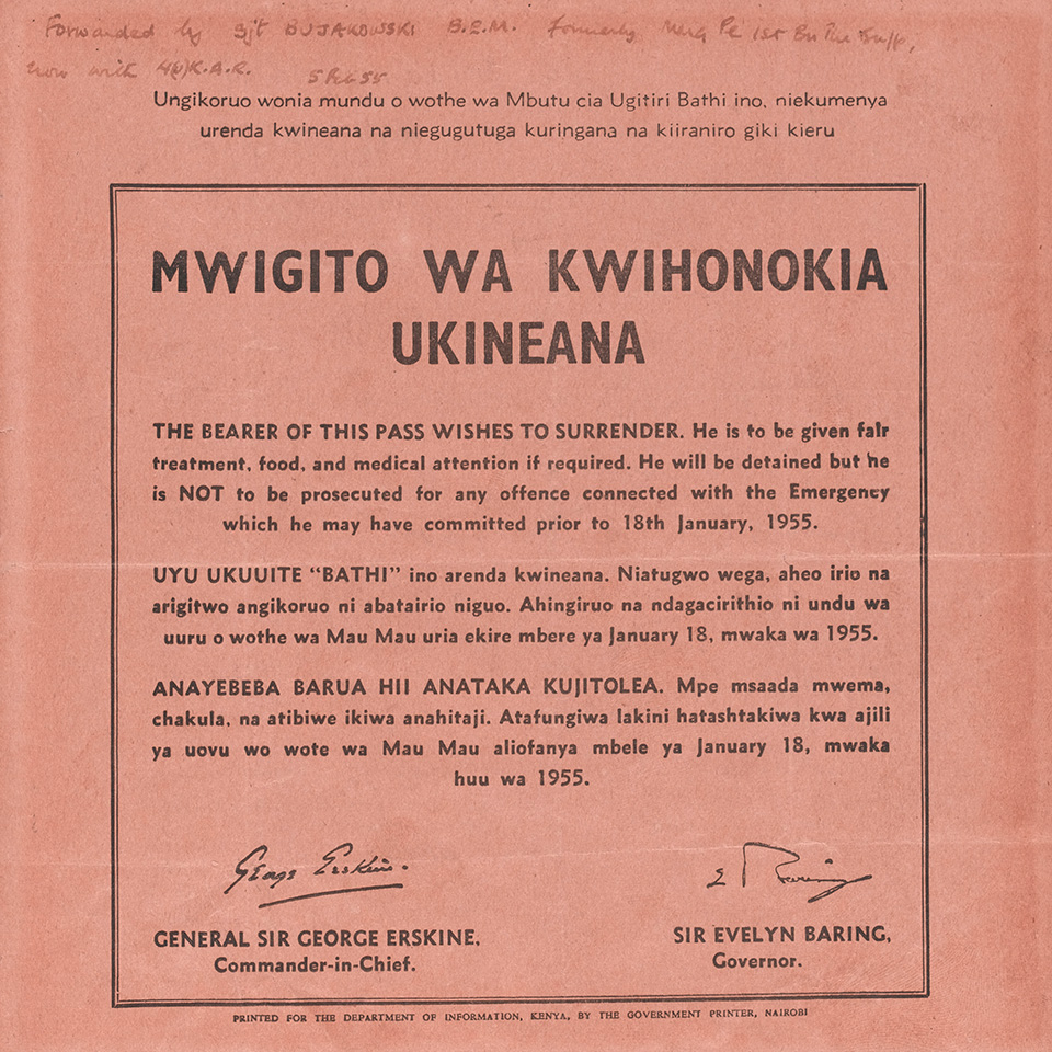 Safe conduct leaflet issued to persuade Mau Mau rebels to give themselves up, 1955