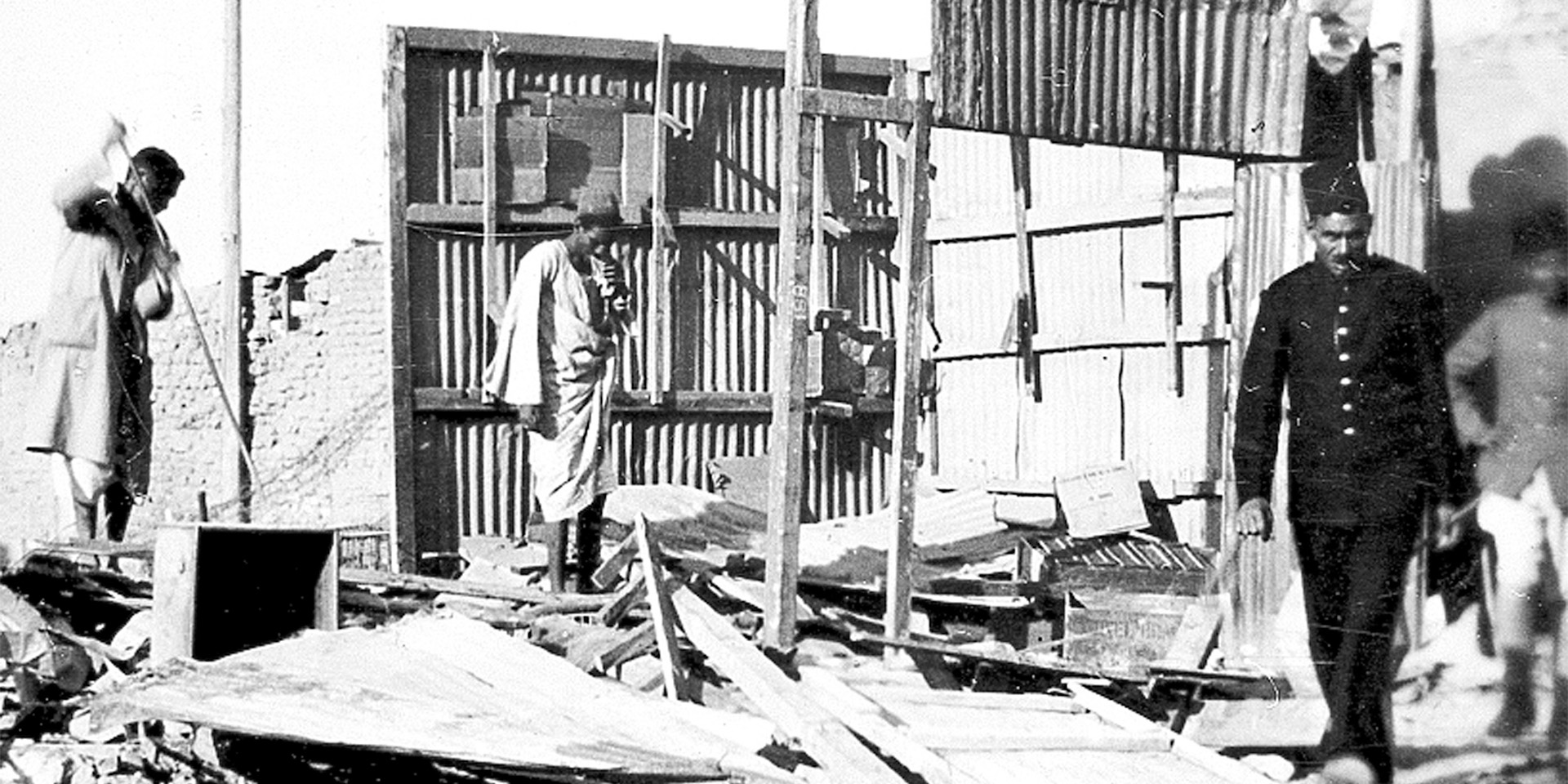 Building wrecked during civil unrest in the Canal Zone, October 1951