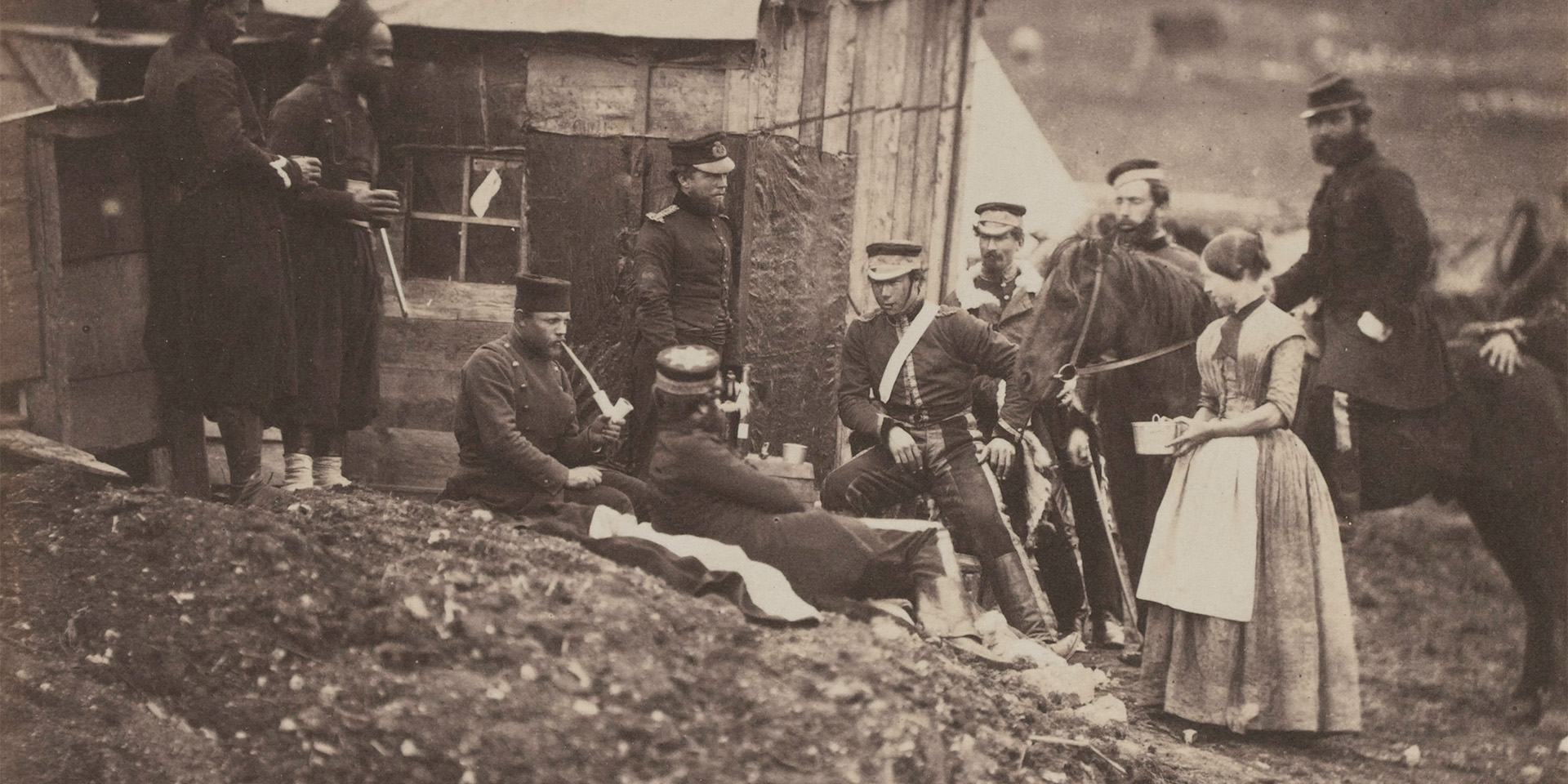 Mrs Rodgers with soldiers of the 4th Dragoon Guards in Crimea, 1855