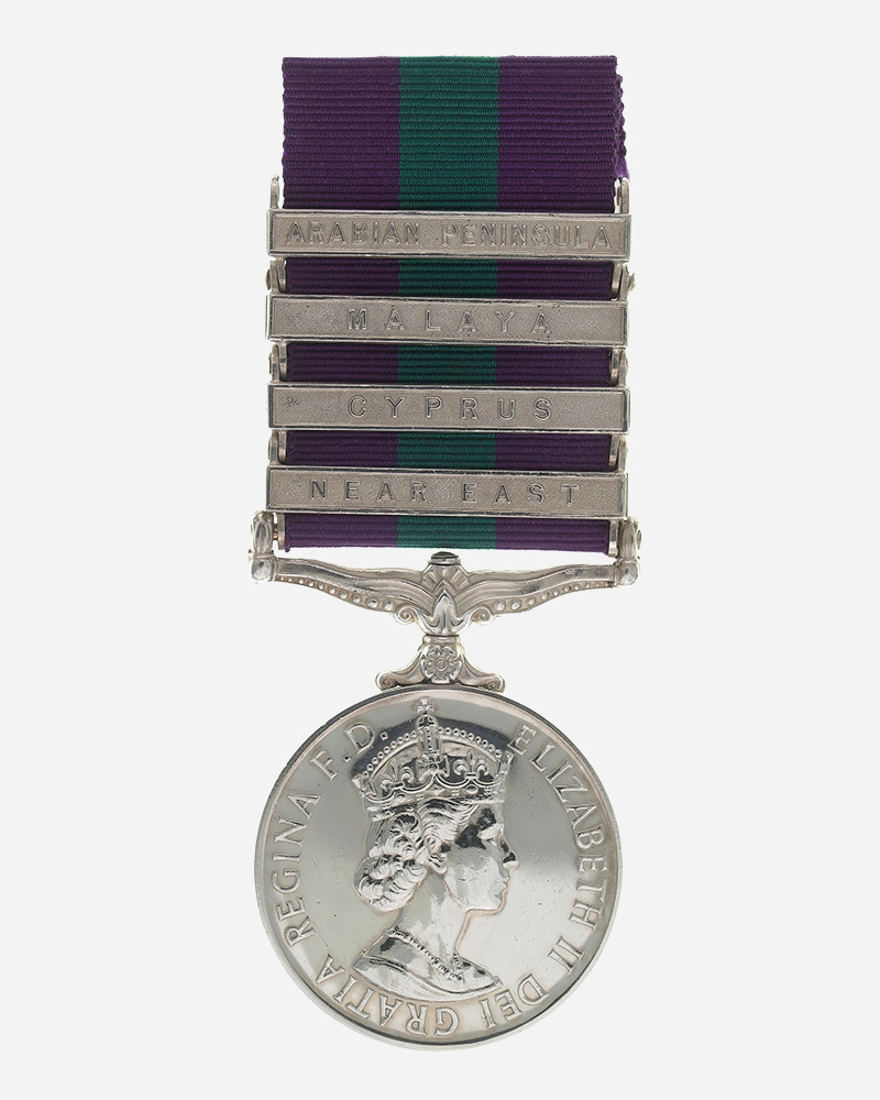 General Service Medal with clasps: Near East; Cyprus; Malaya; Arabian Peninsula