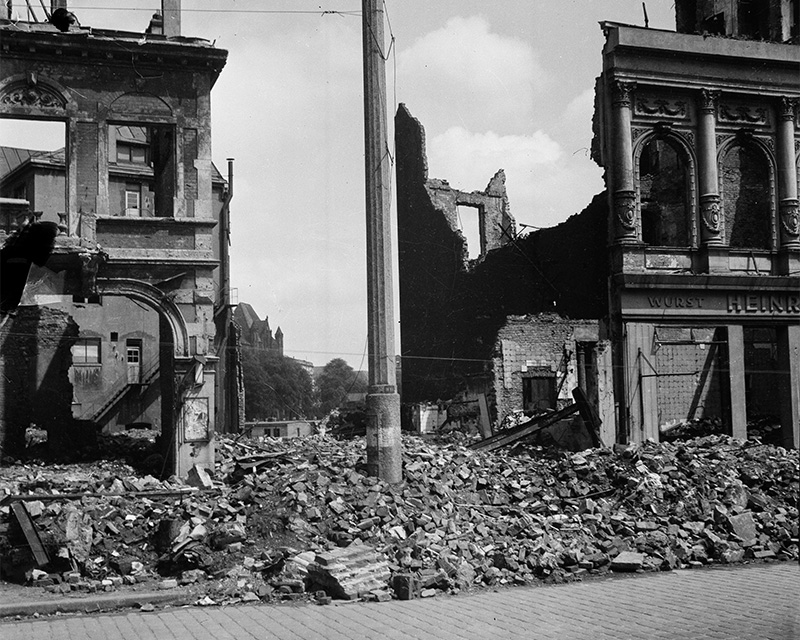 Bomb damage in a street in Hamburg, Germany, 1945