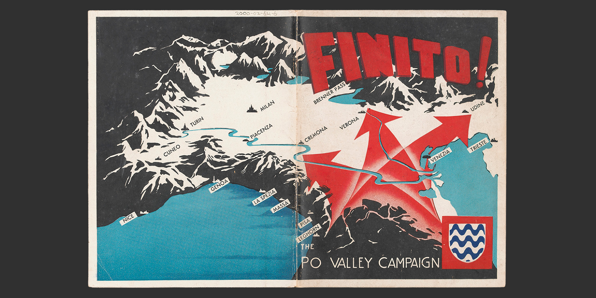 Stylised map of the Po Valley campaign, from the official programme of the XIII Corps Searchlight Tattoo, Trieste, September 1945