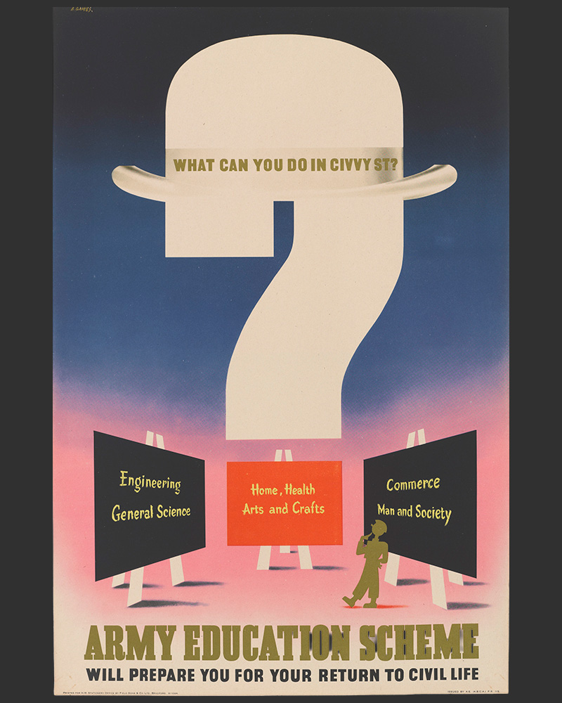 ‘What can you do in Civvy St?’, information poster for the Army Education Scheme, 1944