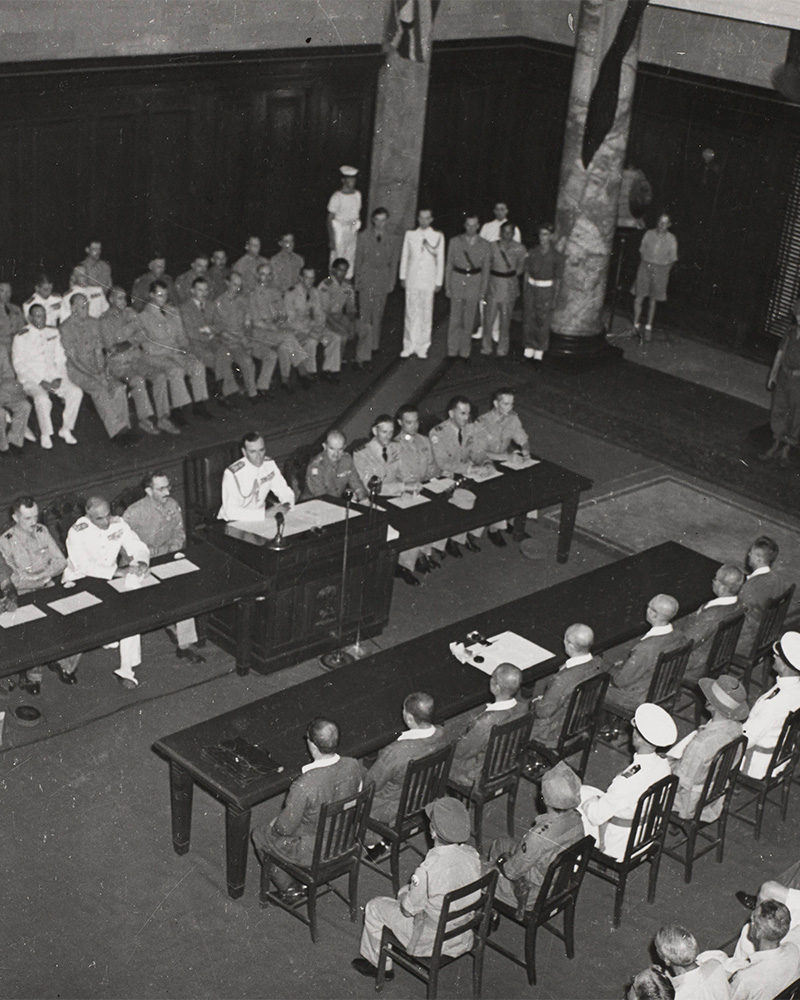 Lord Louis Mountbatten, Supreme Allied Commander Southeast Asia, reads the surrender terms to the Japanese, Singapore, 12 September 1945