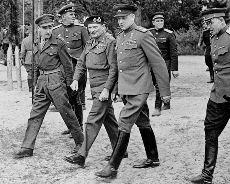 Field Marshal Montgomery and Marshal Rokossovsky of the Red Army shortly after VE Day, 1945