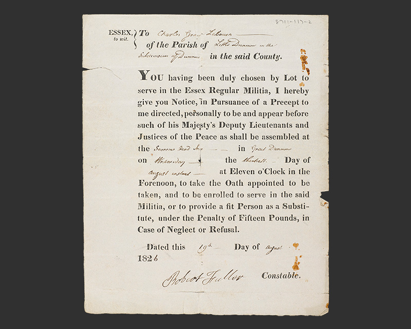 Charles Gray’s militia ballot form, ordering him to appear or find a substitute, 1826  