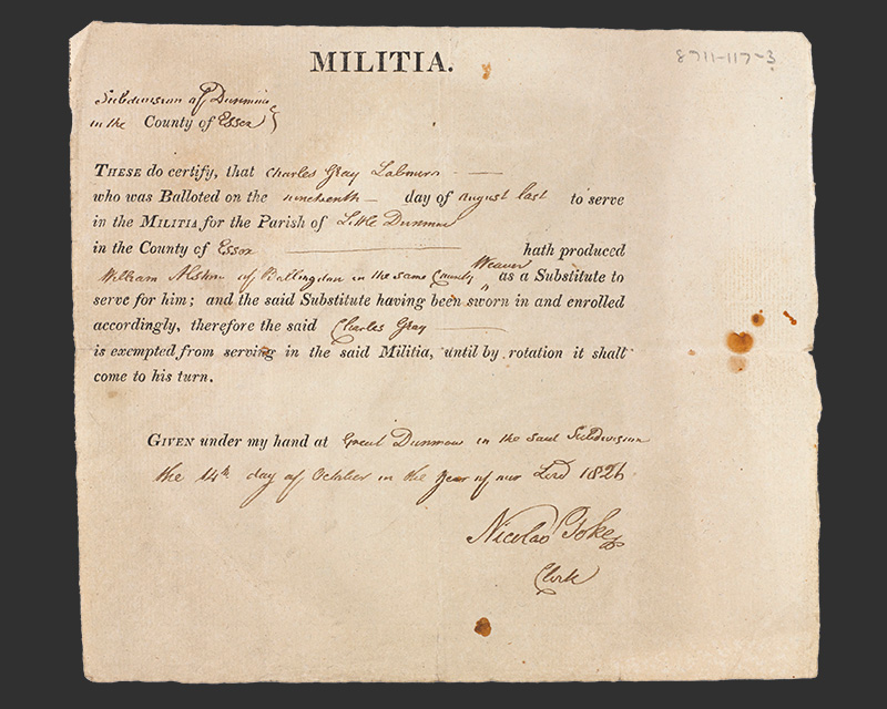 Militia substitute certificate for William Ashton in the place of Charles Gray, 1826. 