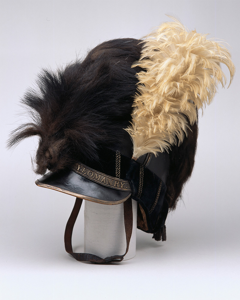 Helmet of the Buckingham Yeomanry Cavalry, inscribed ‘Buck’s Yeomanry strike home’, c1800. Soldiers from the yeomanry acted to deter grain rioters, suppress anti-militia disturbances and disperse mobs during industrial unrest. 