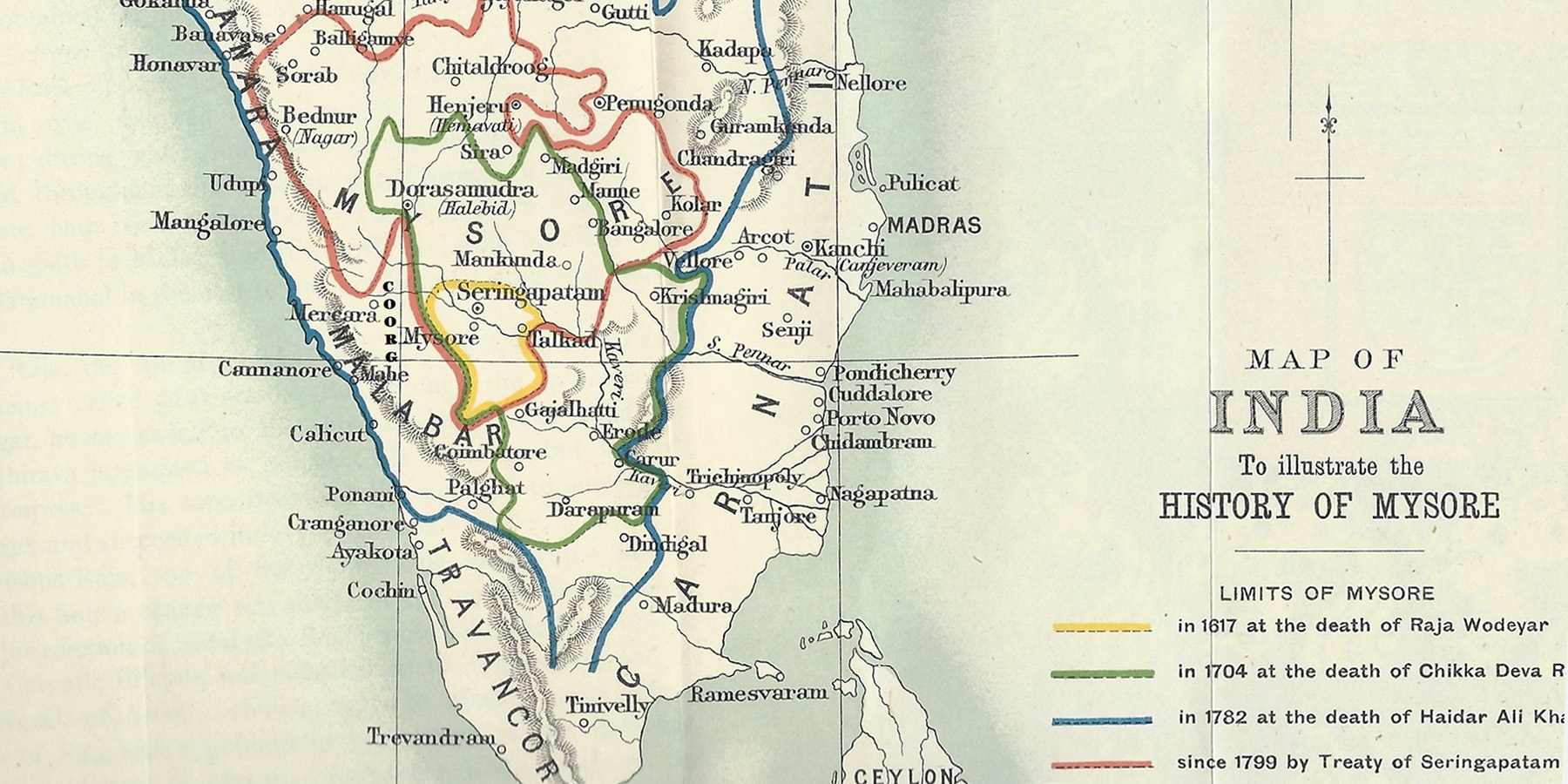 Map of southern India showing the history of Mysore