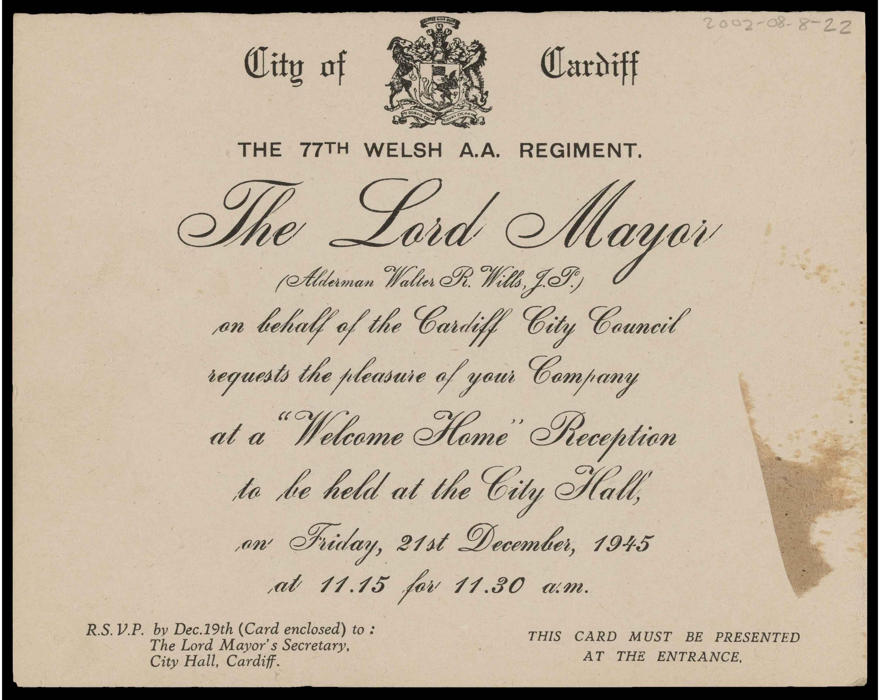 Invitation card from the Lord Mayor on behalf of Cardiff City Council, inviting members of the 77th (Welsh) Heavy AA Regiment to a 'welcome home' reception on 21 Dec 1945.