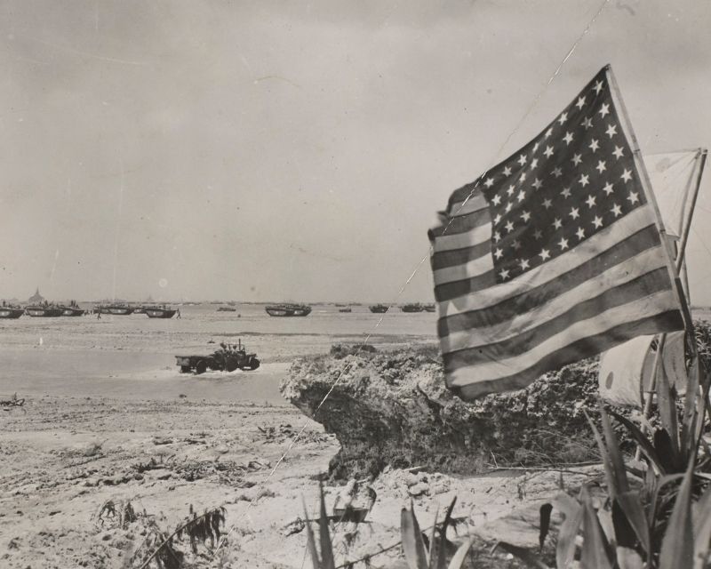 Landing craft reinforcements approach Okinawa, April 1945.