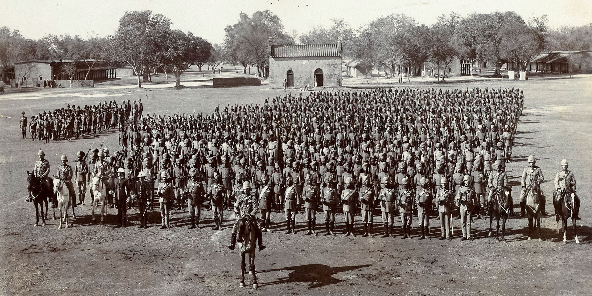 Colonel Charles Melliss VC at the front of the 53rd Sikhs (Frontier Force), on parade in Jullundur, India, 1909 