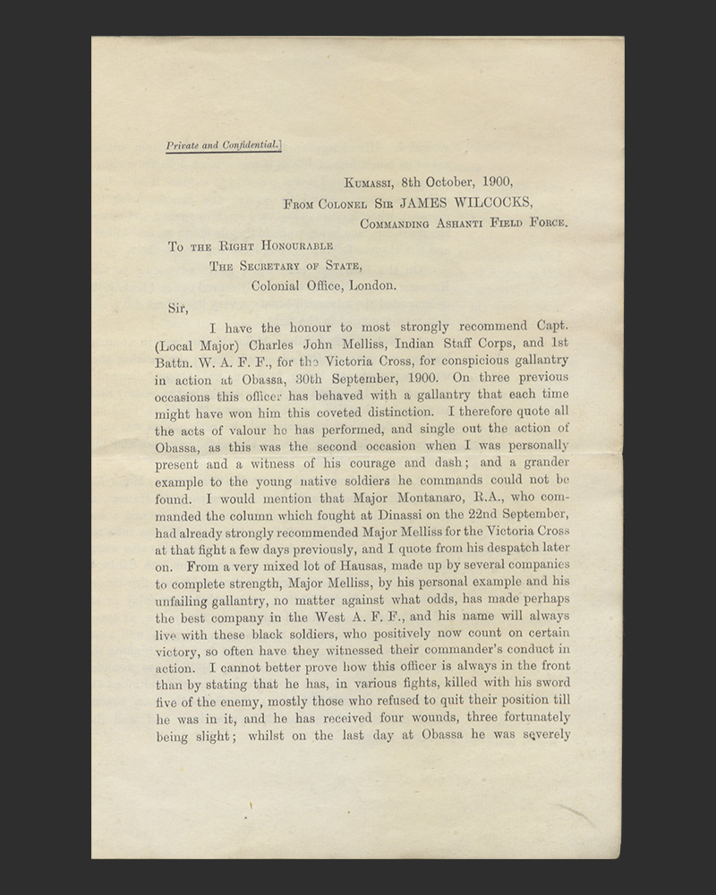 Printed citation from Colonel Sir James Wilcocks, 1900