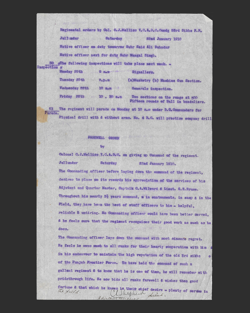 The last regimental orders issued by Colonel Charles Melliss VC on laying down command of the 53rd Sikhs (Frontier Force), 22 January 1910