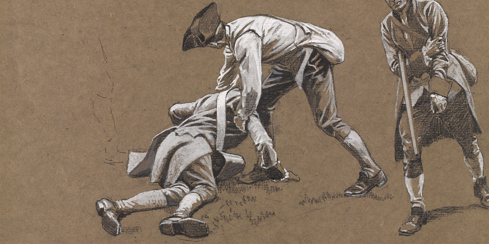 A study of a painting where one soldier is attempting to pick up another who has fallen.