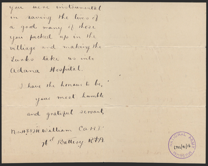 Page 2 of a letter from Gunner William Carr, Royal Artillery, to Major General Sir Charles Melliss, c1920