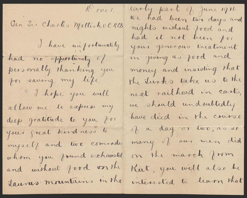 Page 1 of a letter from Gunner William Carr, Royal Artillery, to Major General Sir Charles Melliss, c1920