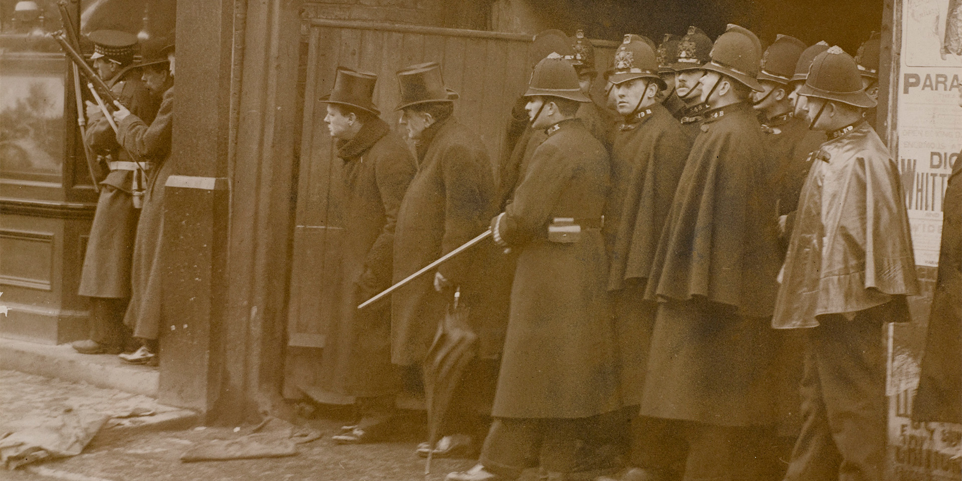 Home Secretary Winston Churchill at Sidney Street, 1911