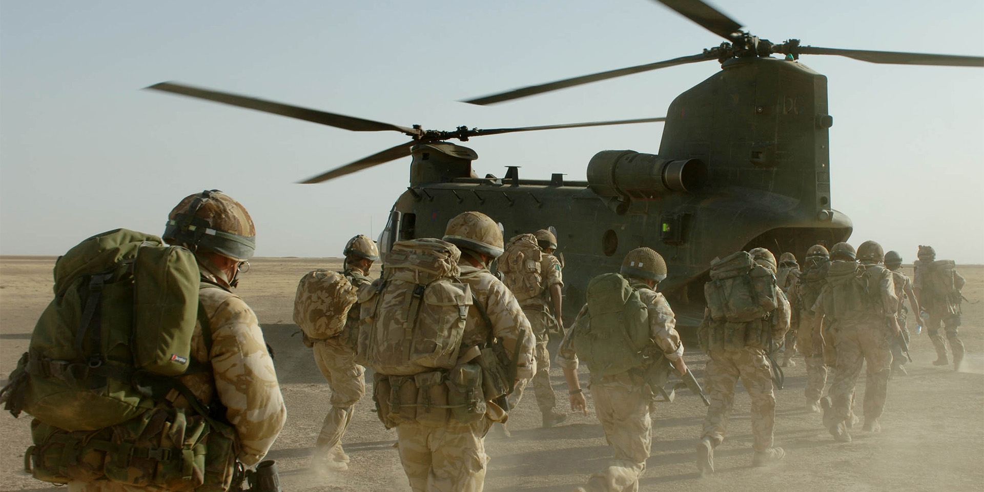 Soldiers boarding a CH47 Chinook helicopter on completion of their mission near Musa Qala, Afghanistan, 2006