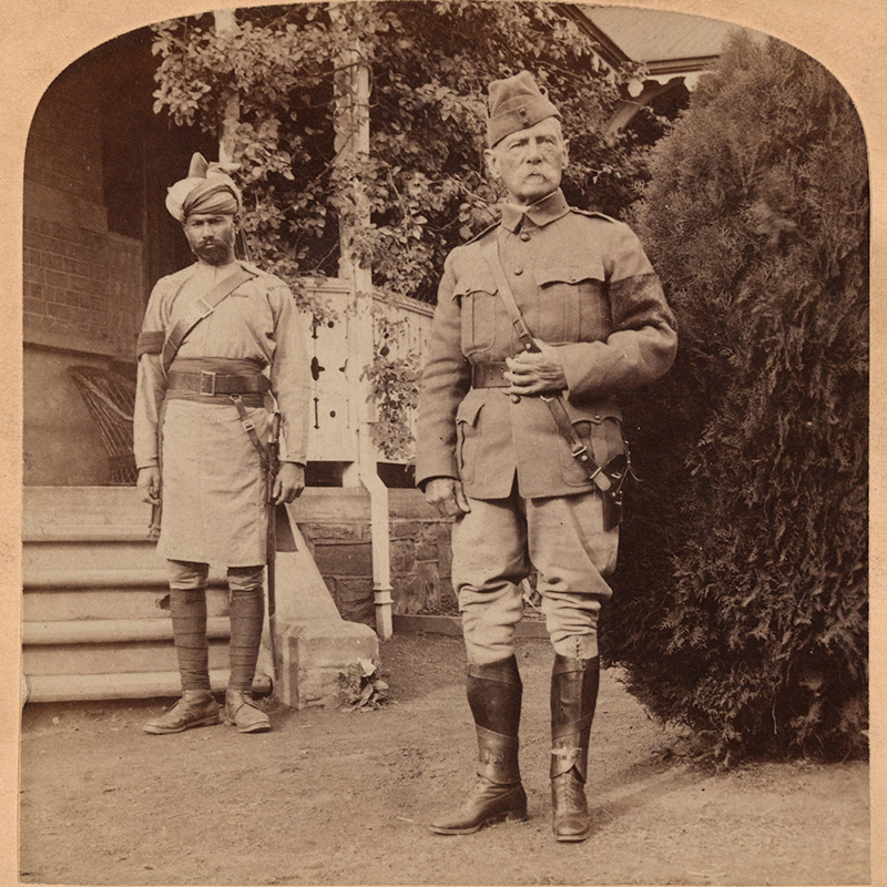 Stereoscopic card captioned: Lord Roberts, hero of Candahar and South Africa, Commander-in-Chief of British Armies, 1900