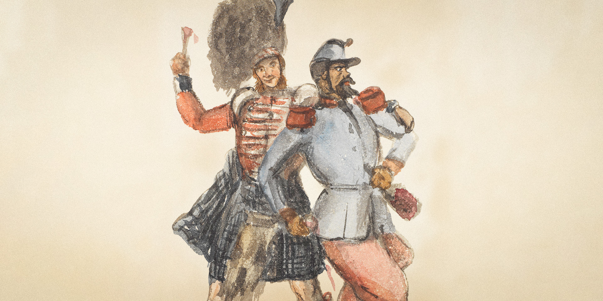 Fraternisation at Malta. Highlander and French Infantry soldier, c1854