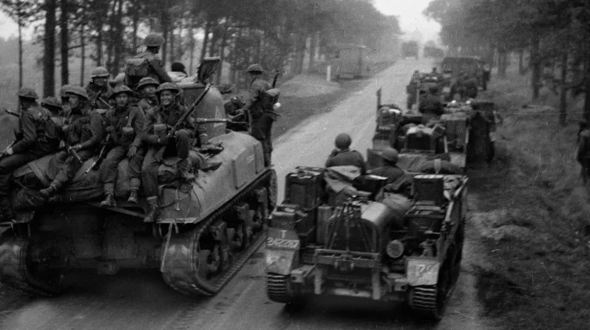 Units of the Dutch Brigade moving up to the attack, 1944
