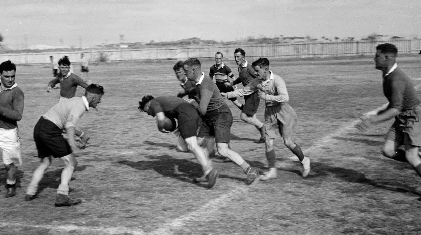 Rugby match featuring members of the 3rd County of London Yeomanry, 1942