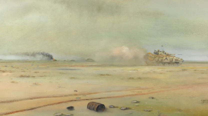 British infantry vehicles advancing, Iraq, 1991