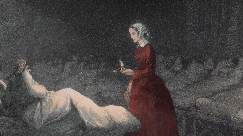 Florence Nightingale tending to wounded soldiers at Scutari Hospital