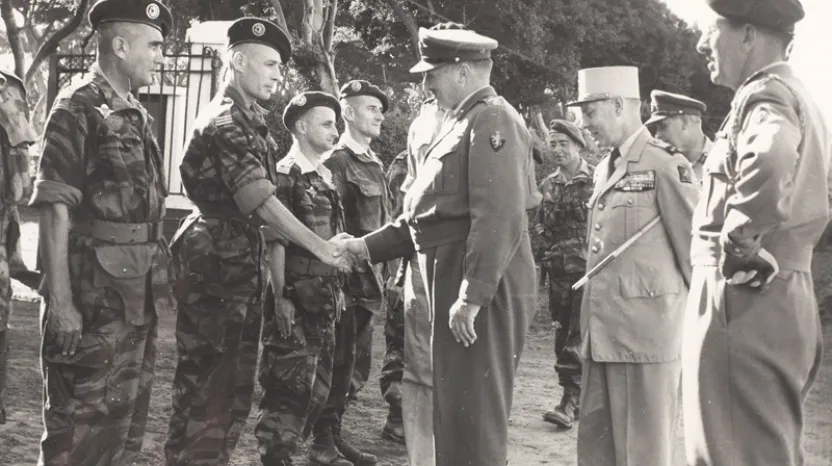 General Sir Charles Keightly, Commander in Chief Operation Muskateer, meets French paratroopers at Suez, 1956 