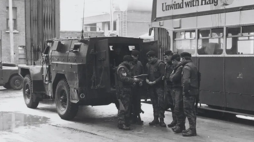 Soldiers of The Royal Regiment of Wales preparing for a patrol in the Ardoyne area of Belfast, 1972